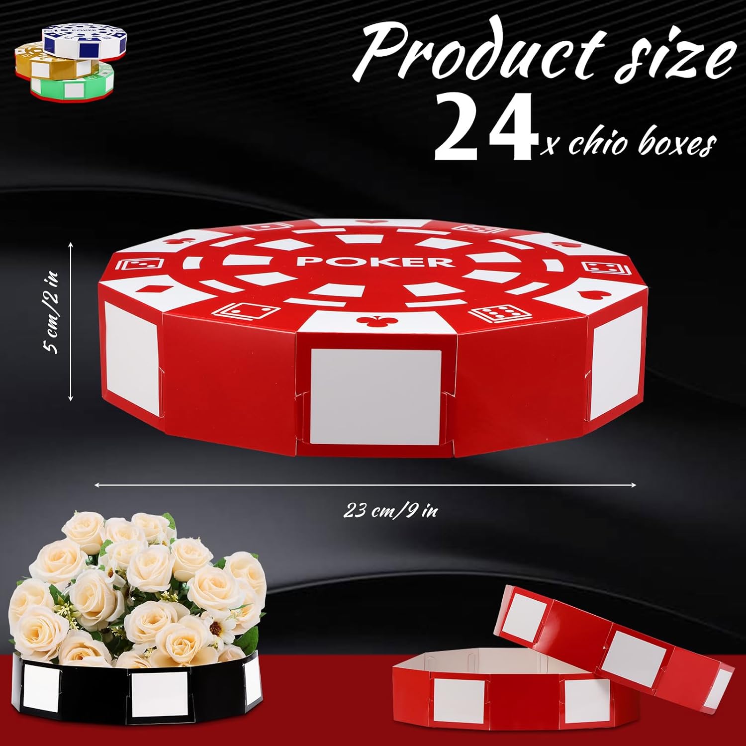 Silipull 24 Pcs Casino Theme Party Decorations 9 Inch Large Poker Chip Favor Boxes Jumbo Chip Table Centerpiece for Game Night New Year Prom Party Supplies, Multicolor