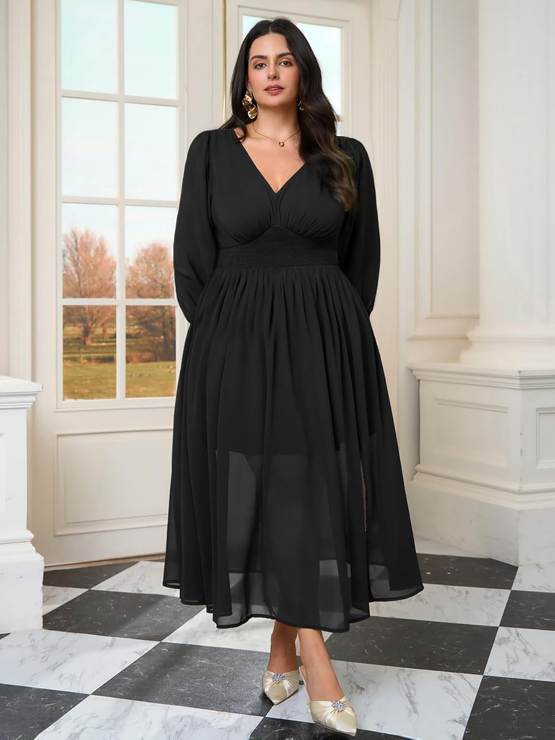 SCOMCHIC Womens Plus Size Formal Dresses Chiffon Wedding Guest Long Sleeve V Neck Smocked Flowy Slit Maxi Dress - Image 4