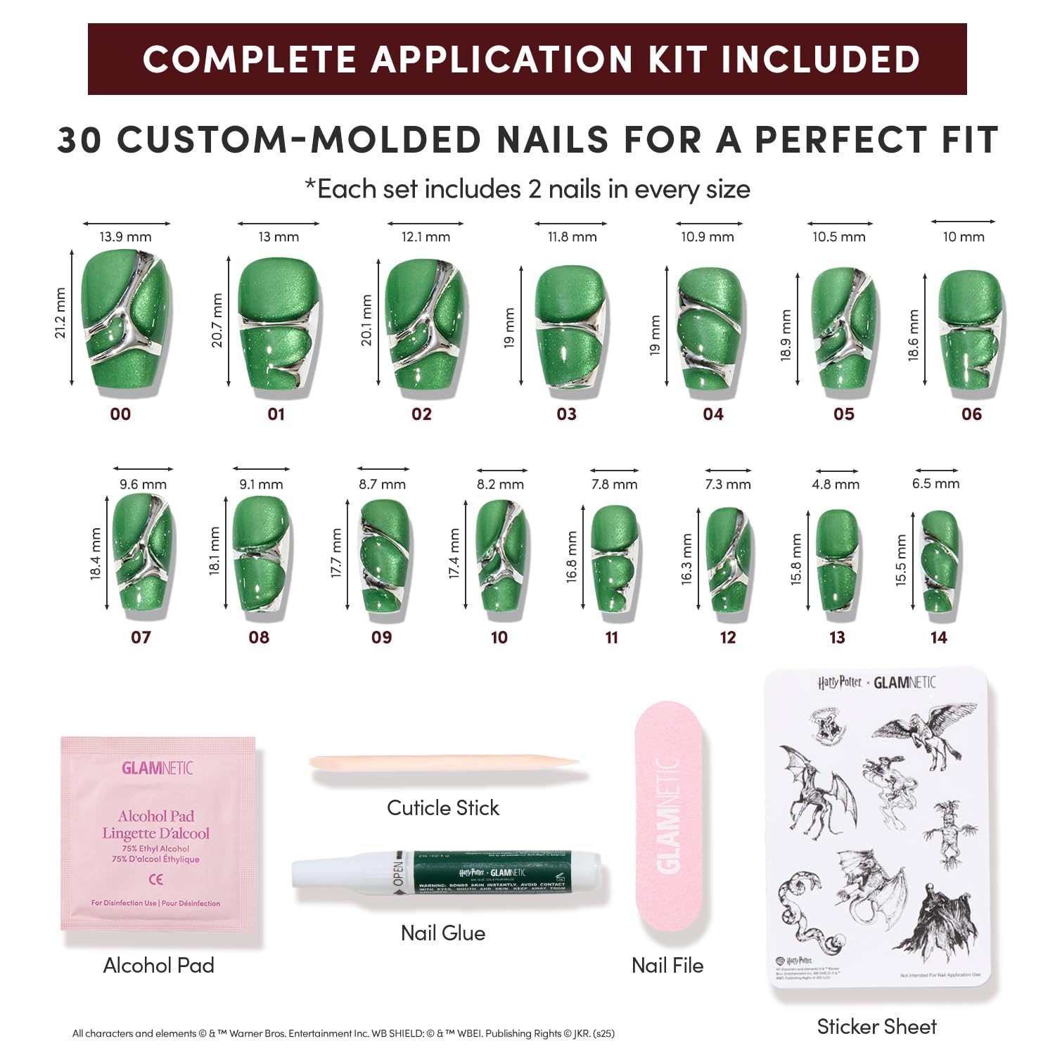 Glamnetic Press On Nails x Harry Potter™ - Salazar Slytherin™ | Medium Coffin Fake Nails with 3D Silver Design & Velvet Finish, Salon Quality Officially Licensed | 15 Sizes - 30 Nail Kit with Glue
