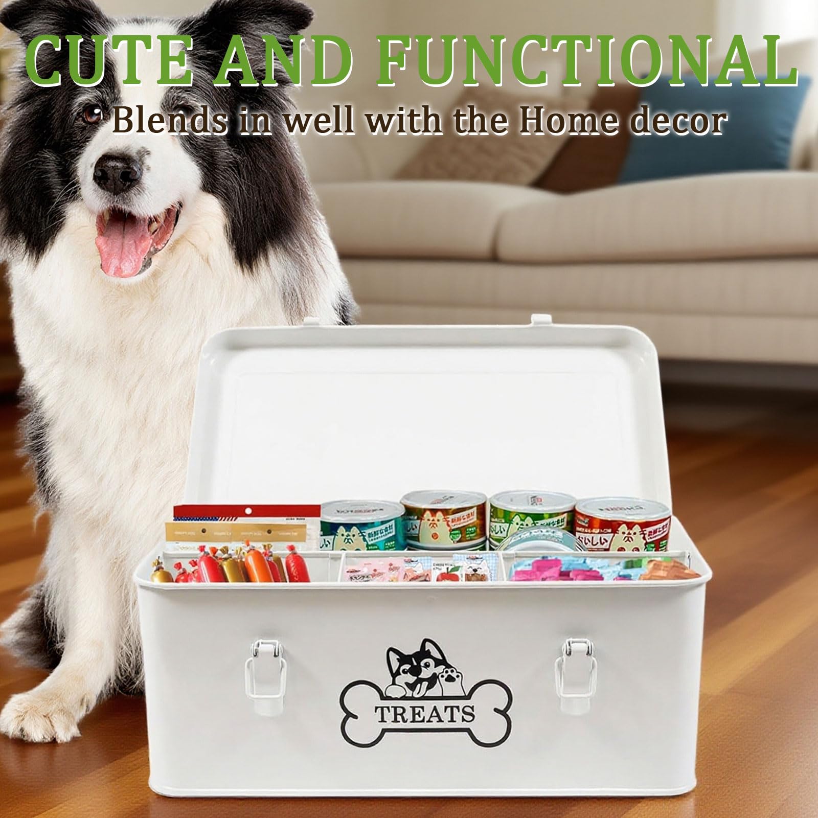 Contenitore per cani in metallo, 8,5 l, ermetico con coperchi e divisori, bianco, con serratura per cibo secco, snack e cucina