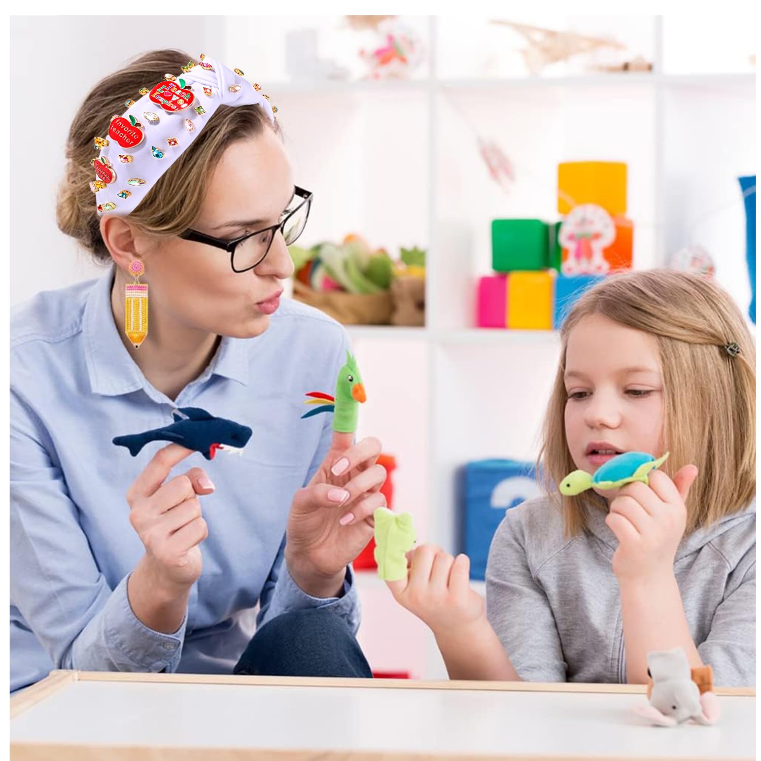 Teacher Headbands Accessories, Crystal Pearl Knotted Headband for Women Cute Book Pencil Teach Charms Embellished Jeweled Top Knot Headband, Teacher Appreciation Gifts (Pattern A) - Image 3