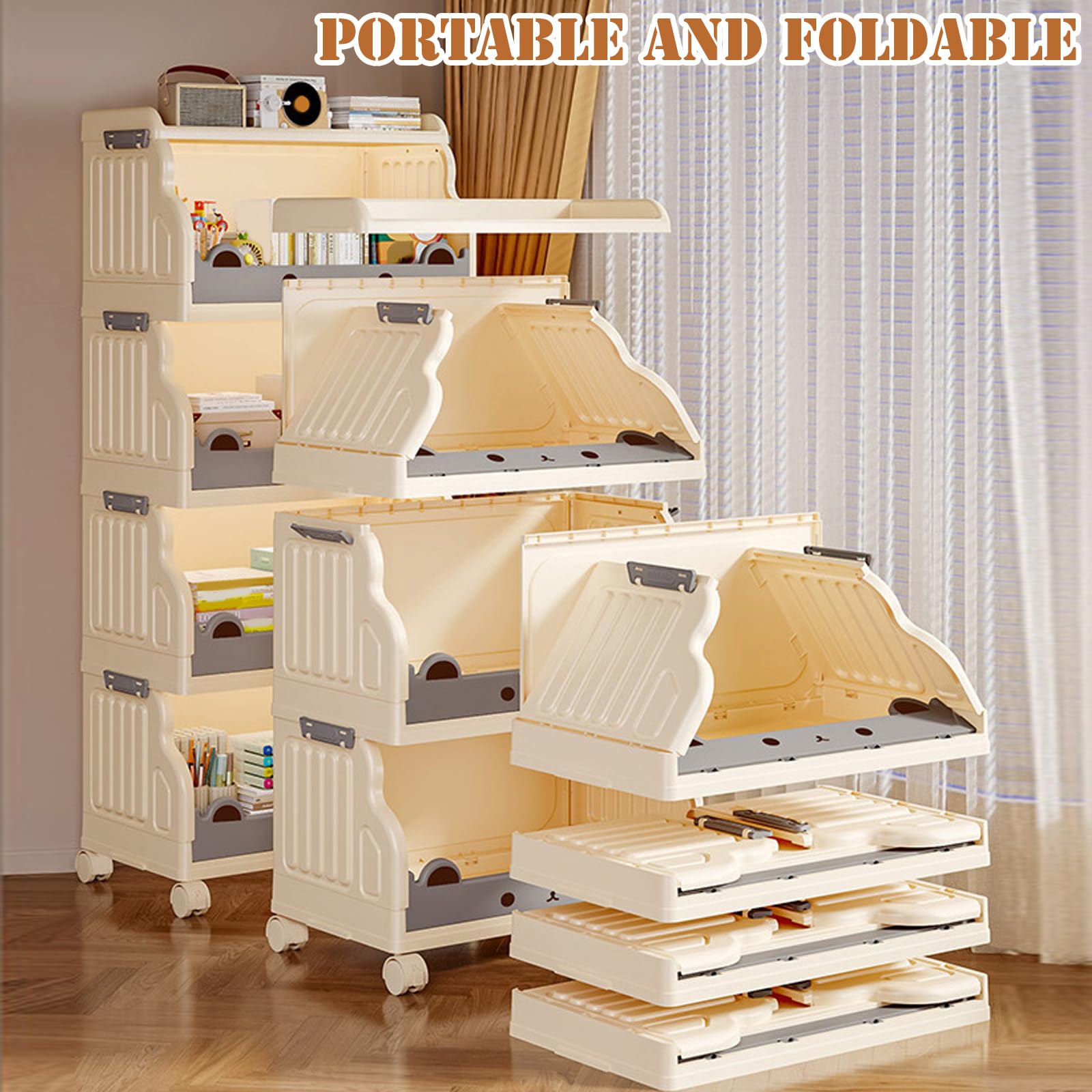 Carrito de almacenamiento con ruedas de plástico, 1 estantería ajustable de 4 niveles con mecanismo de bloqueo para sala de estar, oficina, baño, cocina, ahorro de espacio blanco