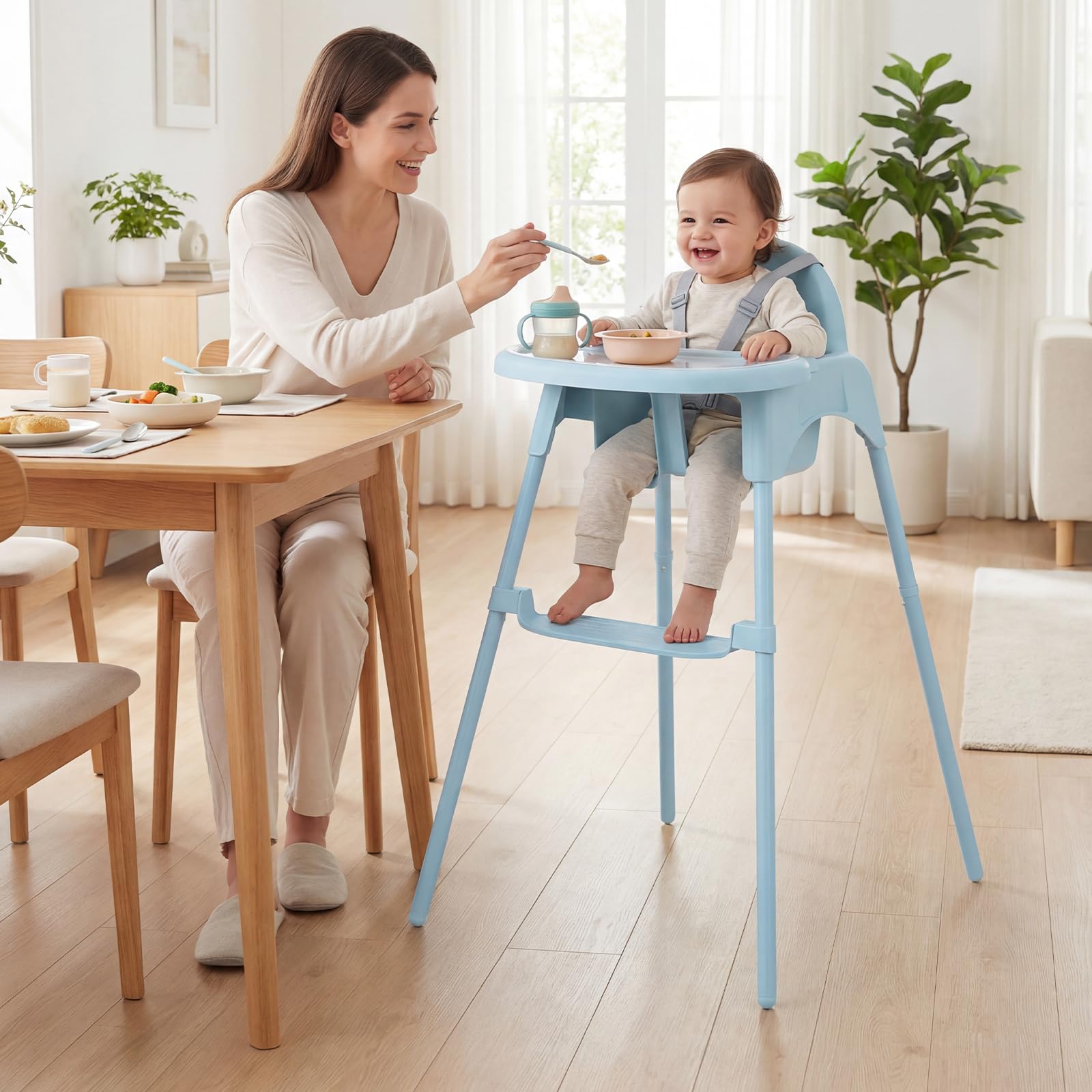 COSTWAY 4 en 1 Tronas de Bebe, Trona Infantil Convertible con 2 Alturas, Bandeja Doble Extraíble, Arnés de Seguridad de 5 Puntos, Reposapiés, Silla de Comer para Bebes de 6-36 Meses (Azul)