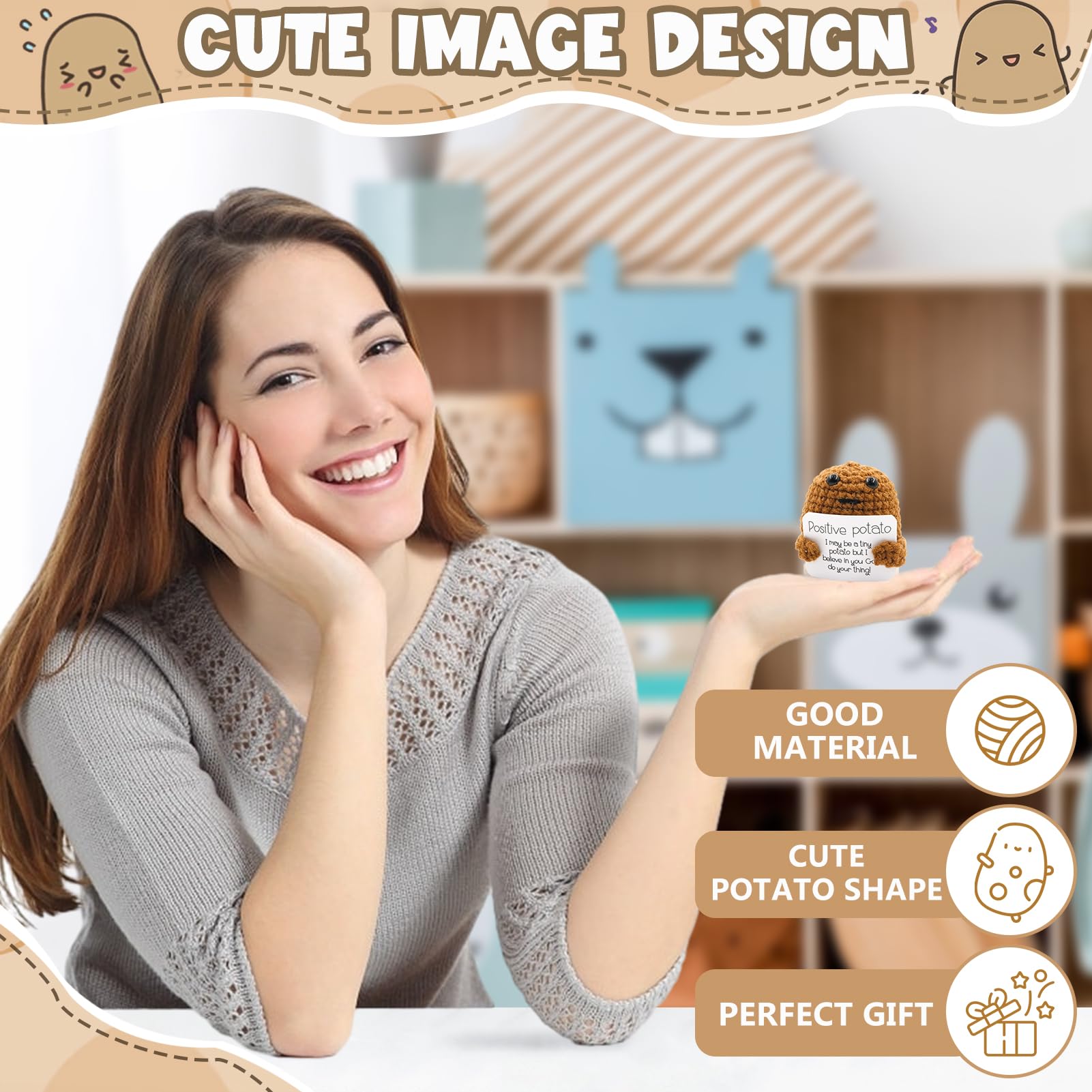 Meanju Mini Positive Potato,7cm Bambola di Patate Peluche Maglieria,Patata Positiva Lavorata a Maglia Carina Creativa Positive Potato per Regali di Compleanno per Incoraggiamento (A3) - 4