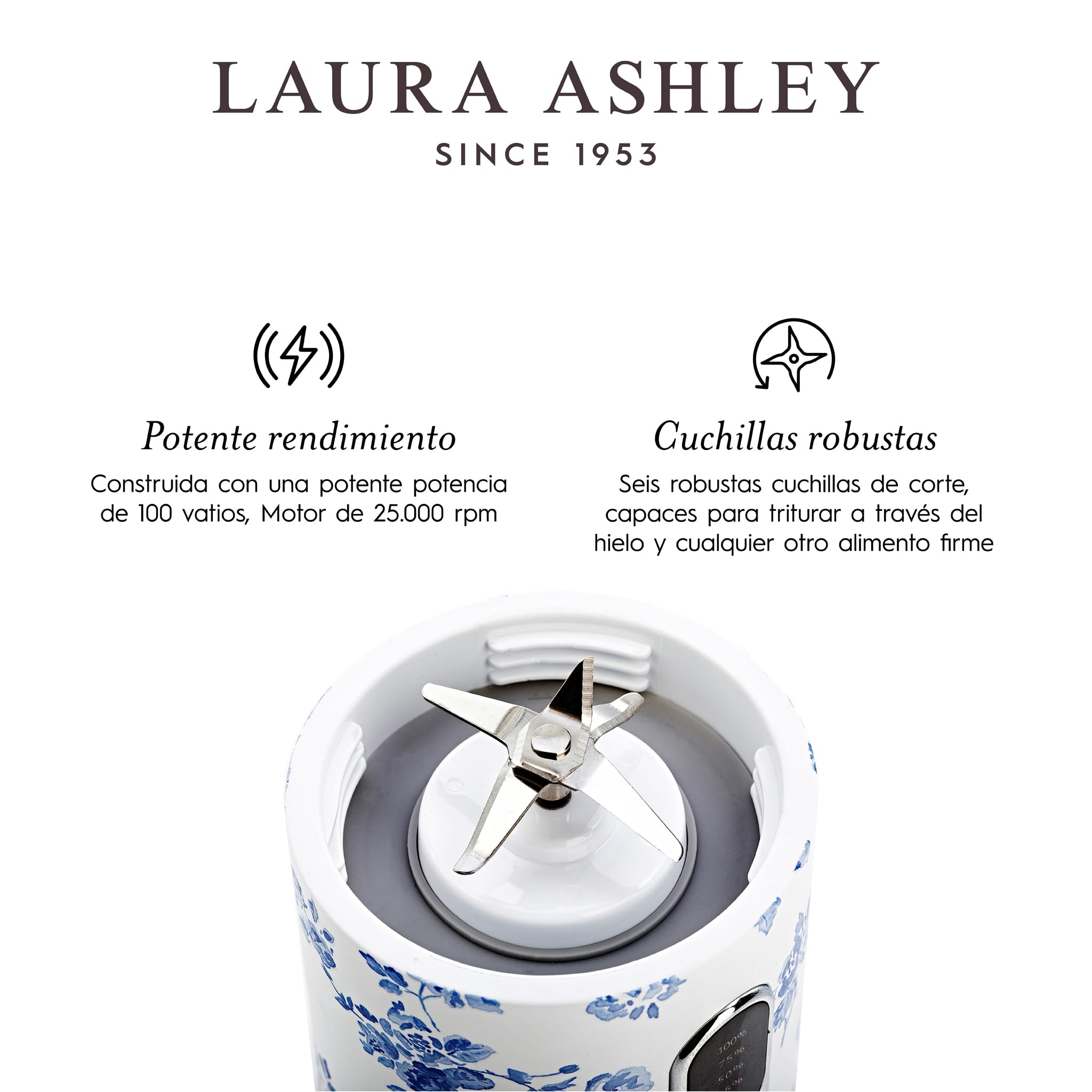 Laura Ashley China Rose Licuadora Portátil 450ml por VQ | Batidora USB Recargable Con Botella Licuadoras Para Zumos y Batidos Perfecta para Cocina Deporte Viajes y Oficina