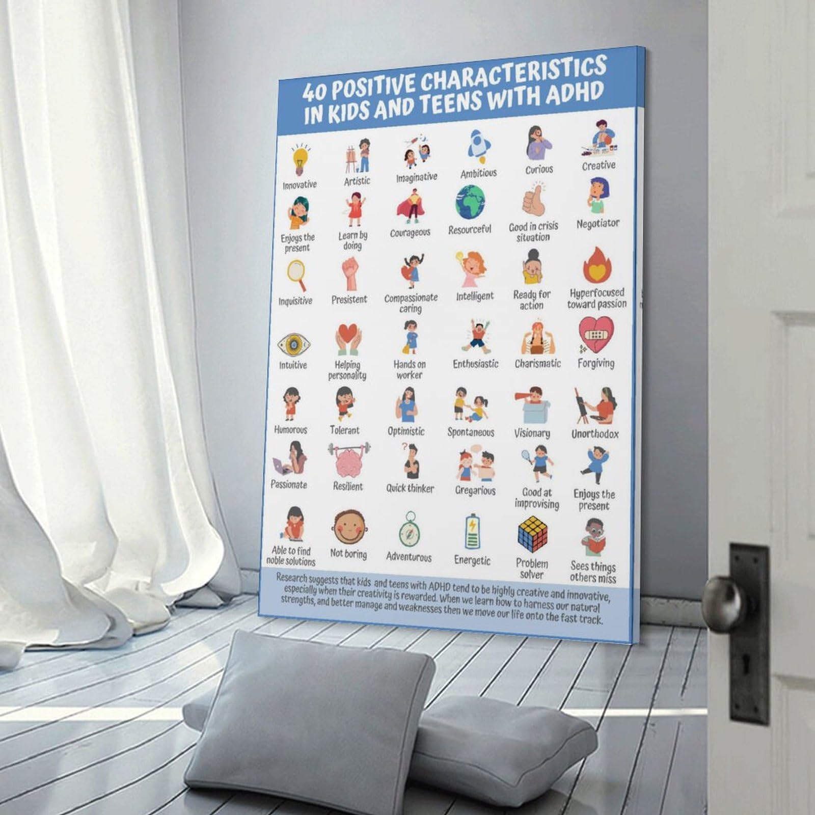LZTEN Póster de 40 características positivas para niños, adolescentes, TDAH, para niños y adolescentes, estrategia basada en la fuerza, marco de folleto de 40 x 60 cm