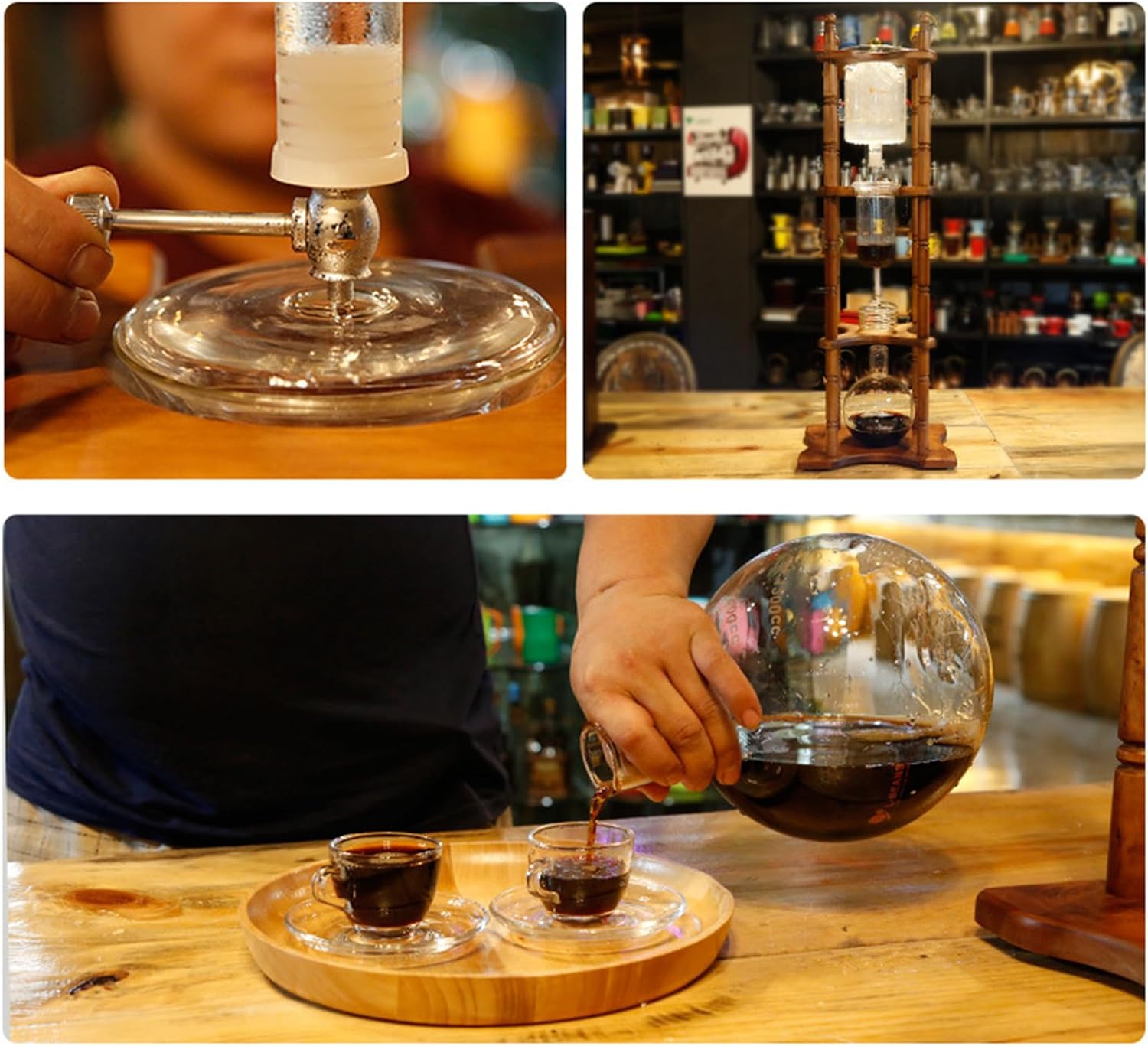 Cold Brew Coffee Tower, Ice Coffee Machine With Slow Drip Technology, 3000ml Large Capacity Glass Pot, Brown Wood Straight Frame, for Bars, Clubs, Parties