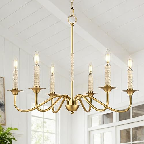 28 Inch Brushed Gold Chandelier with Rattan Corn Rope, 6-Light Candle Chandeliers for Dining Room Light Fixture, Modern Farmhouse Large Pendant Lighting Kitchen Bedroom Entryway Living Room