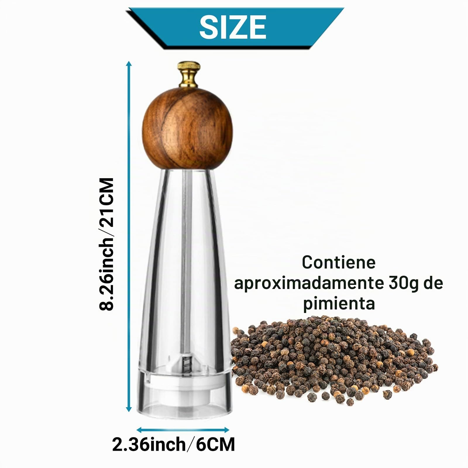 Molinos De Pimienta, Molinillo De Sal Y Pimienta, Botella De Condimento De Molino De Sal Pimienta De Gran Capacidad 2PCS 8in, Molino De Tamaño Partícula Ajustable Para Especias
