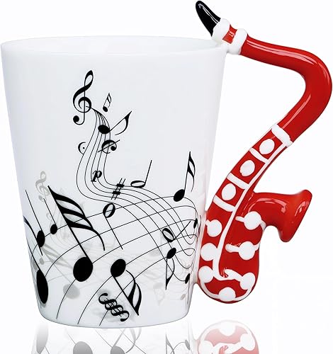 LanHong - Taza de saxo de 13.5 onzas con notas musicales, taza de café, taza de música de saxofón de cerámica, regalos para amigos (rojo)