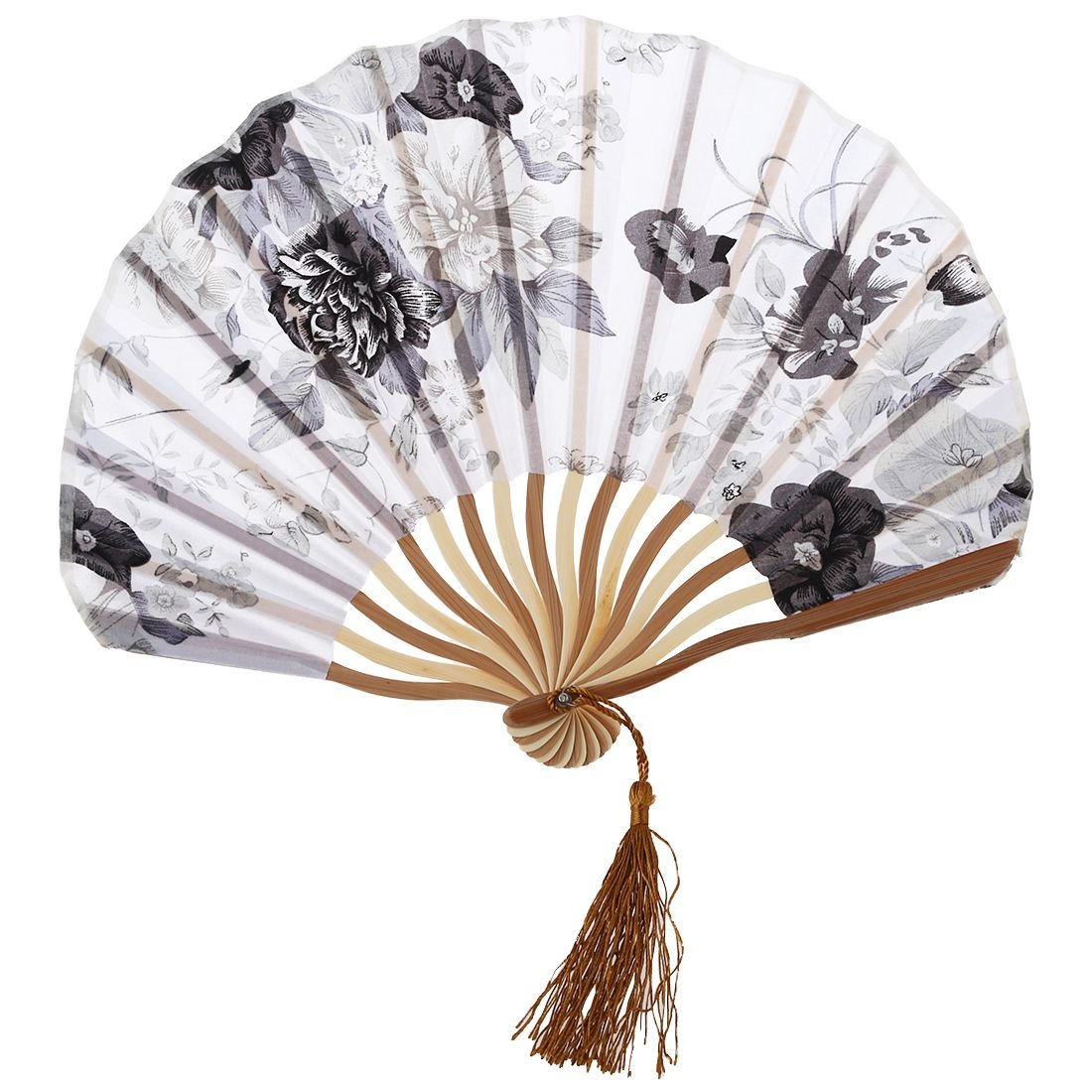 CTRLZS Chinese Gray Peony Blossom Fabric Bamboo Folding Dancing Hand Fan White