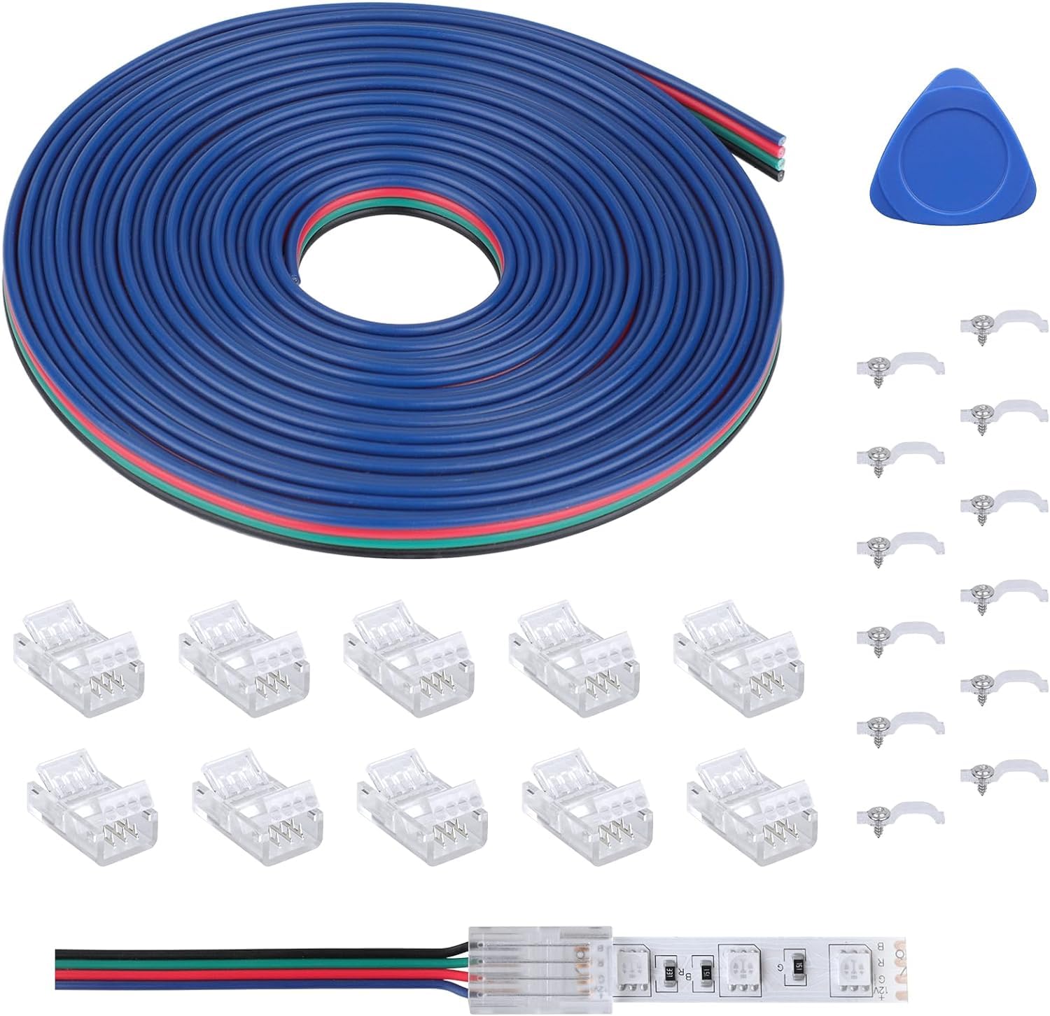 REDTRON 4polig Led Strip Verbinder Verlängerungskabel, lötfreies LED-Streifen-Verbindungskit mit 5m Verlängerungskabel und 10 Stück Steckern für 22AWG 10mm 5050 RGB LED-Streifen-Leuchten