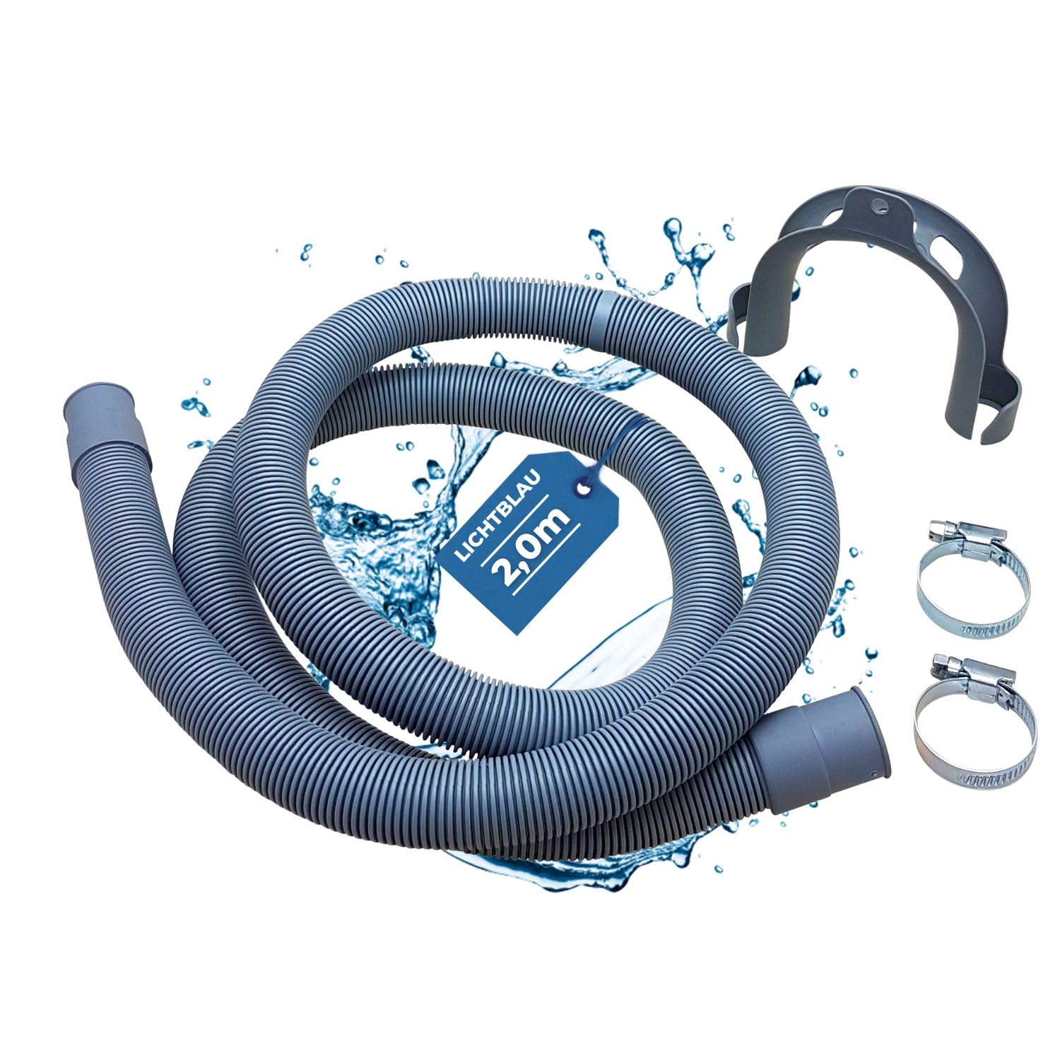 LICHTBLAU Ablaufschlauch 2,0 m für Waschmaschine & Geschirrspüler – Wasserablaufschlauch Universal – Komplettset mit Schlauchschellen & Haltebügel – Abwasserschlauch Spülmaschine Waschmaschine