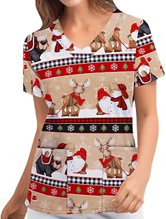 Casaca de mujer de Navidad, cuidado de talla grande con diseño de Navidad, camiseta con bolsillos, casaca, manga corta, cuello en V, ropa de trabajo, uniforme de enfermería, 5 caqui, S