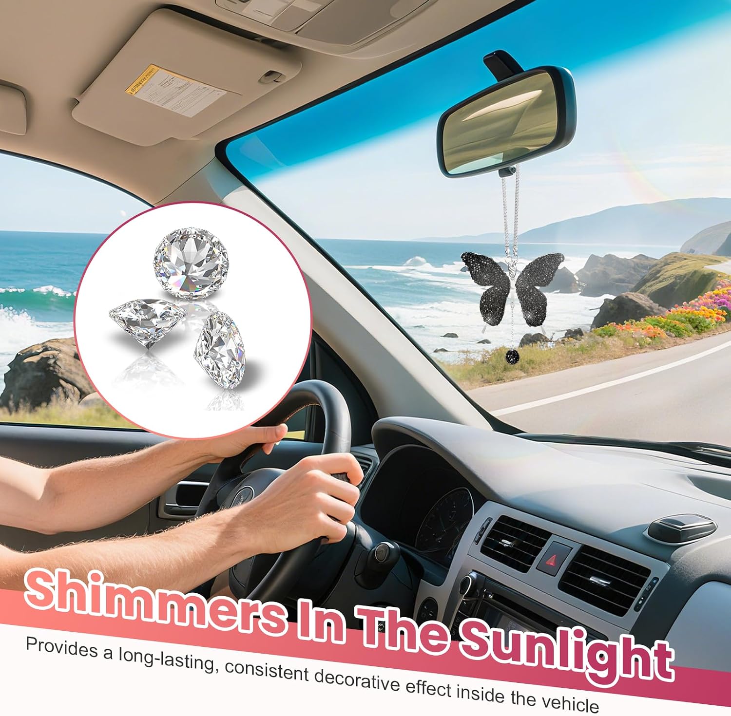 2PCS Bling Butterfly Diamond Car Charm, Crystal Butterfly Auto Rearview Mirror Pendant for Women Girls, Sparkling Rhinestone Hanging Ornament Interior Decor for Most Cars (Black) image 4