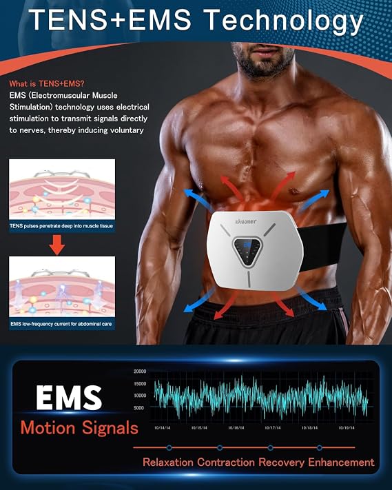 EMS Muscle Stimulator, 3D All-in-one Abs Trainer Muscle Stimulator, 8 Modes & 30 Levels, Portable Stomach Toning Belt for Men & Women, Home Office