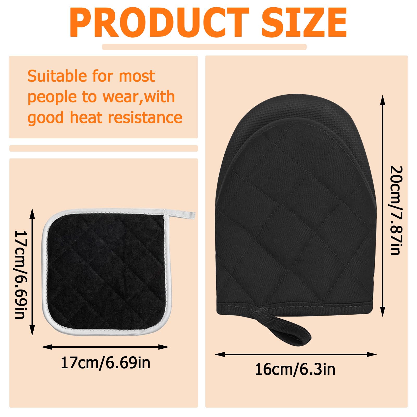 1 Pair of Black Oven Gloves Heat Resistant, Premium Reusable Cotton Oven Mitts with Hanging Loop, Washable Non-Slip Kitchen Gloves and Insulating Mat for Baking, Grilling, Barbecue, Cooking, Microwave - Image 2