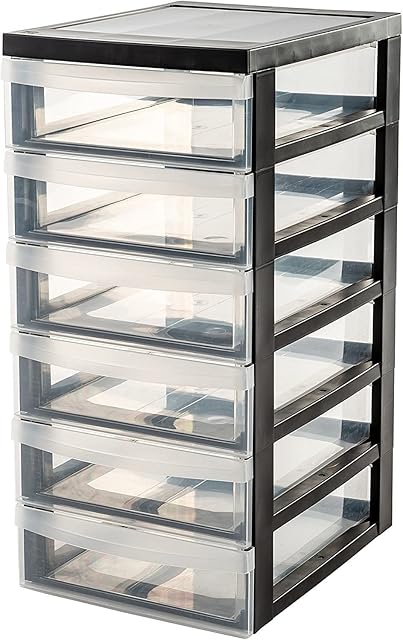 Iris Ohyama, Storage chest, tower, 6 drawers of 7 L, with wheels, see through drawers, office, bathroom, living room - Design Chest DC-360 - Black