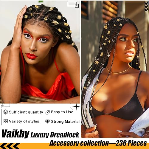 Miniatura 2 de Juego de accesorios dorados para el cabello de 236 piezas joyas, dijes, anillos y puños para trenzas, rastas, estilos de Loc y peinado rave