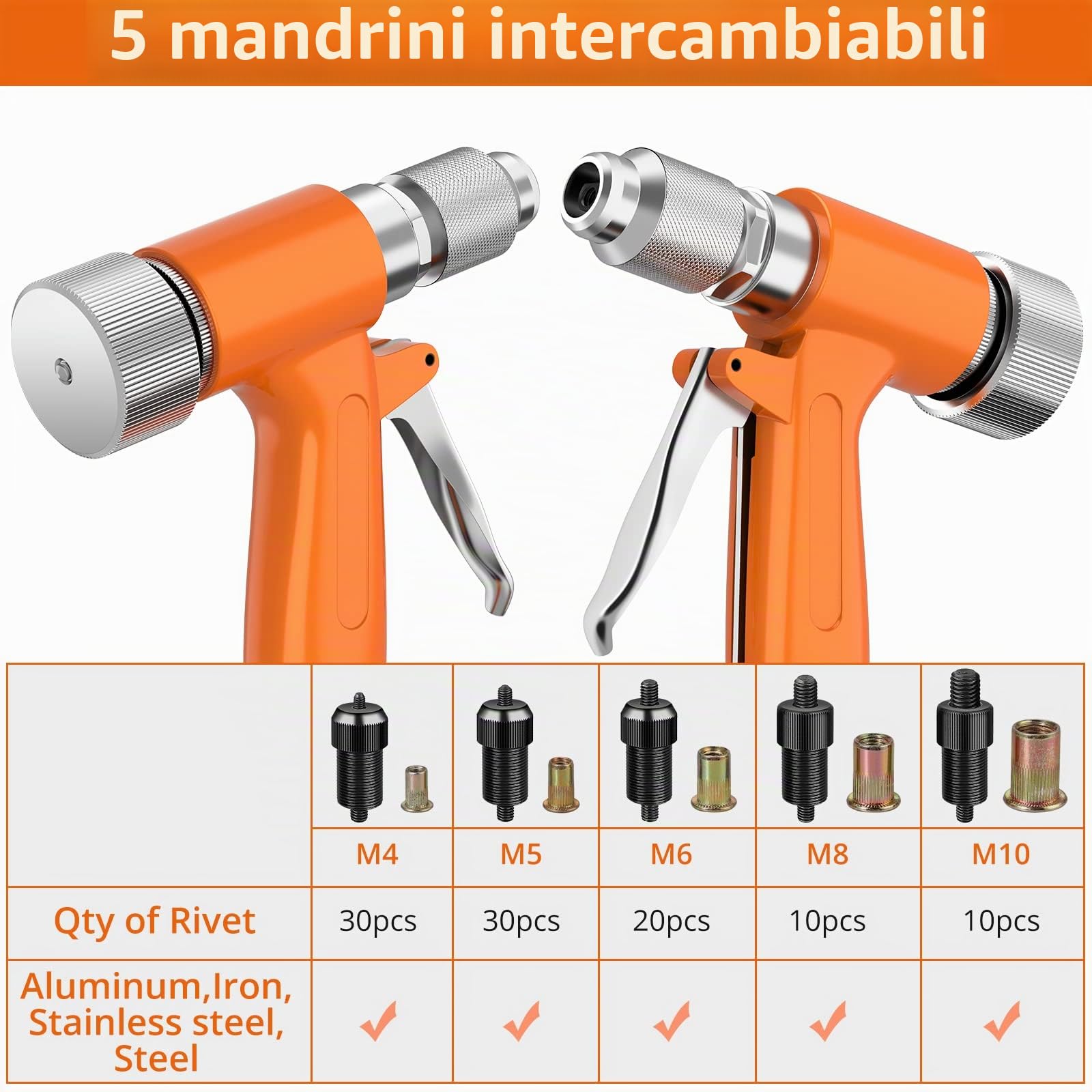 Proster Rivettatrice Pneumatica con 100Pz Inserti Filettati 1/4" Rivettatrice ad Aria Professionale per Rivetti M4 M5 M6 M8 M10 Pistola a Rivetto ad Aria per Decorazione Fabbricazione Macchine-arancia