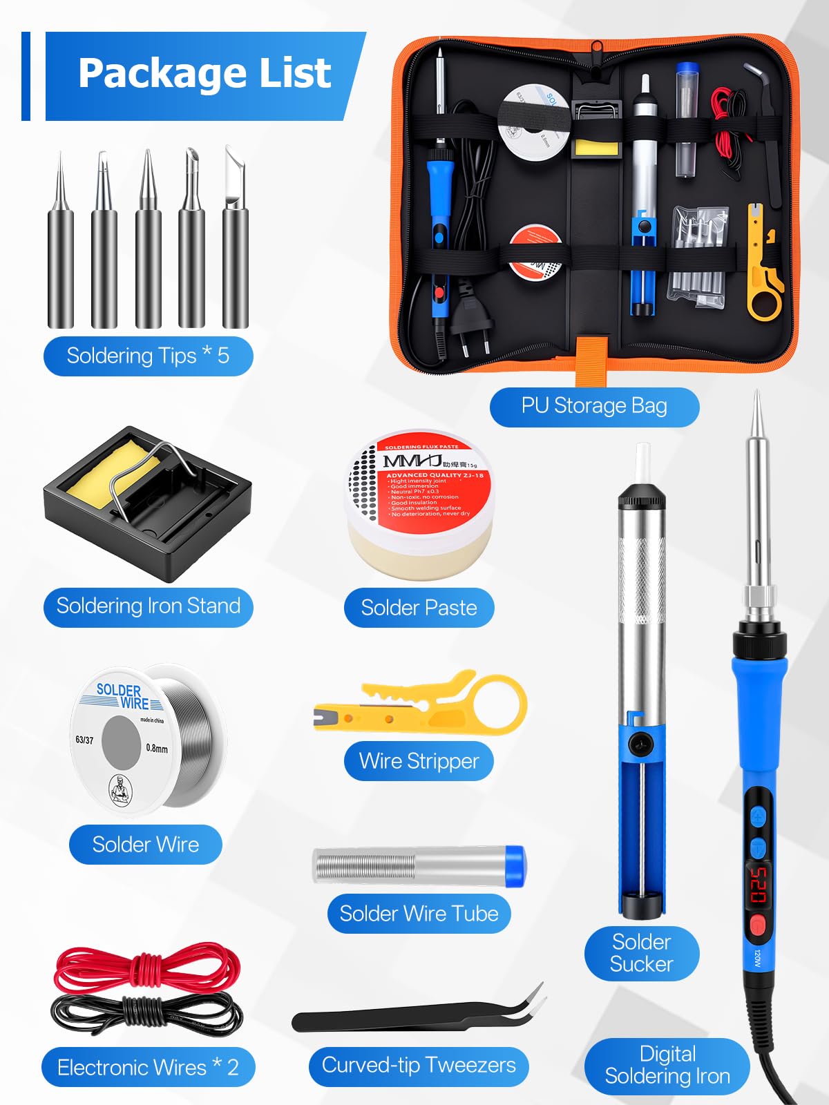 120 W Kit de Fer à Souder Numérique, Ecran LCD, Température Réglable 180-520 °C, Kit Soudage 15 en 1 Comprenant 5 Pannes, Une Pompe à Dessouder et La Soudure Pour L'électronique