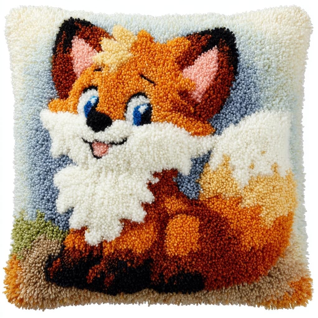 WallustrioaW Latch Hook Cushion Kits,Cute Cartoon Fox,Latch Hook Pillow Case Kits Embroidery Carpet Set DIY Needlework,17x17in