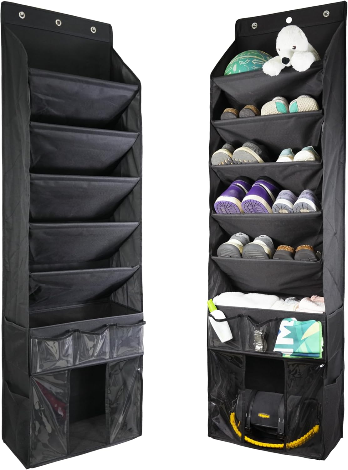 3in1 Over The Door Shoe Organizer with 5 Slanted Compartments,Removable Storage Bin & Transparent Pockets,Thickened Waterproof Oxford Fabric Shoes Rack for Shoes,Boots,Toys,Daily Essentials. (Grey)