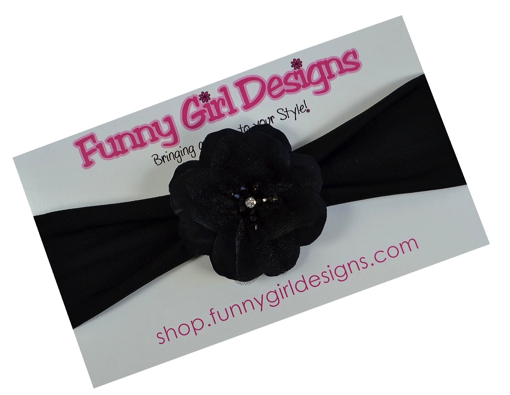 Baby Girls Flower Headband with Rhinestone Madeline Collection Fits Newborn to 12 Months (Black Flower/Black Band)