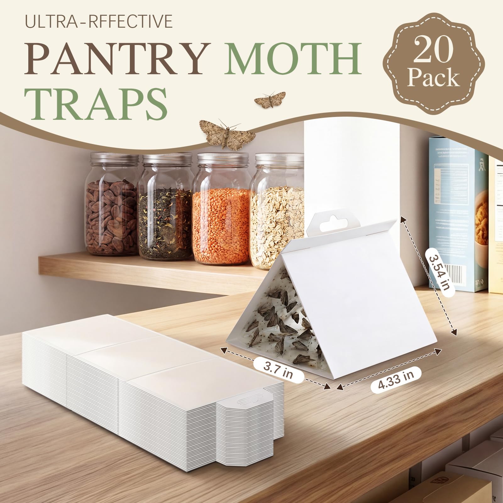 Confezione da 20 trappole per tarme della dispensa, per casa e interni, da appendere, per dispensa di casa, cucina, conservazione degli alimenti e armadio, trappole fisiche appiccicose, senza spruzzo