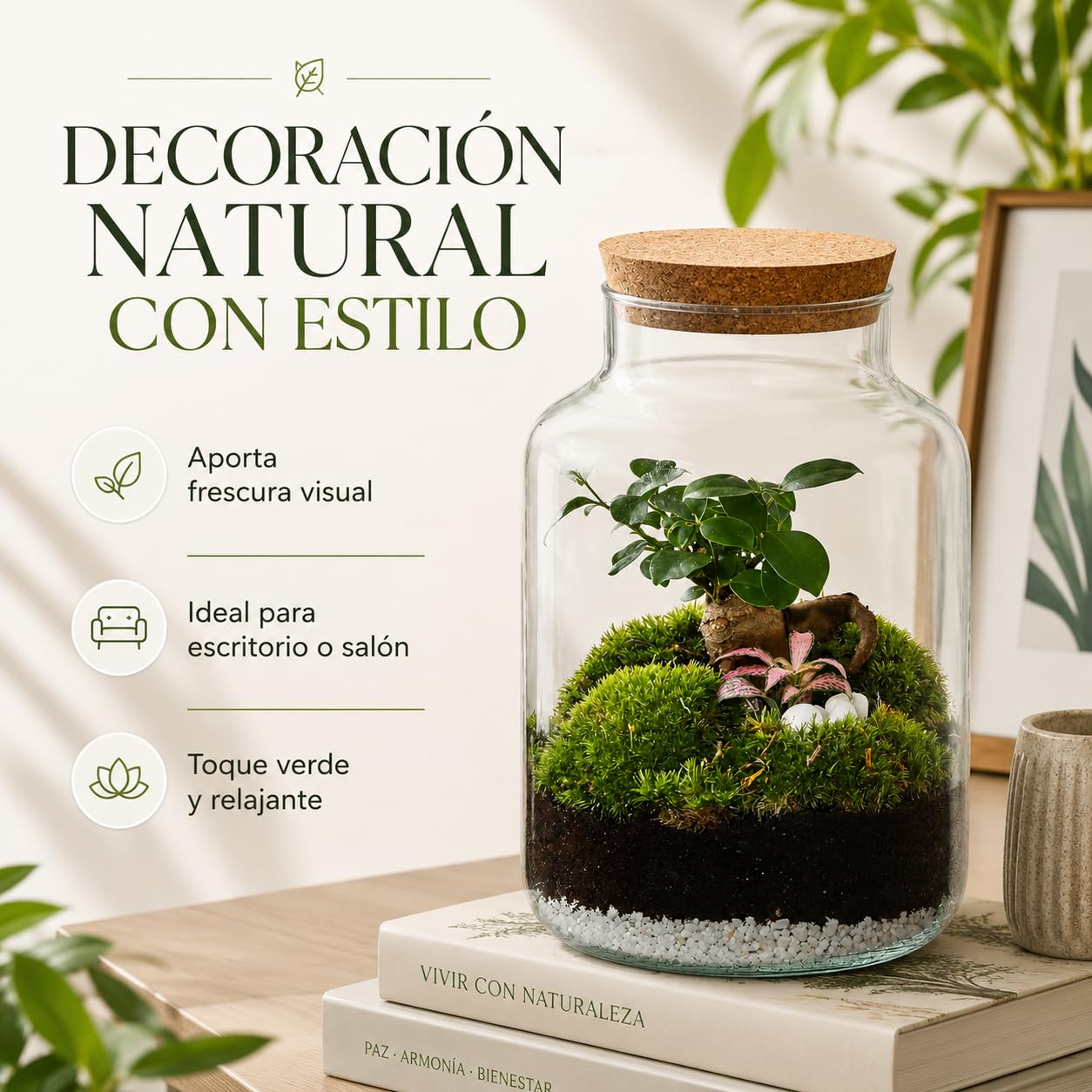 Kit Terrario Plantas DIY sin Plantas Naturales - Botella de Vidrio con Tapa de Corcho, Sustrato Natural, Piedras Blancas y Piedras Volcánicas - Jardín en Botella Decorativo para Interior