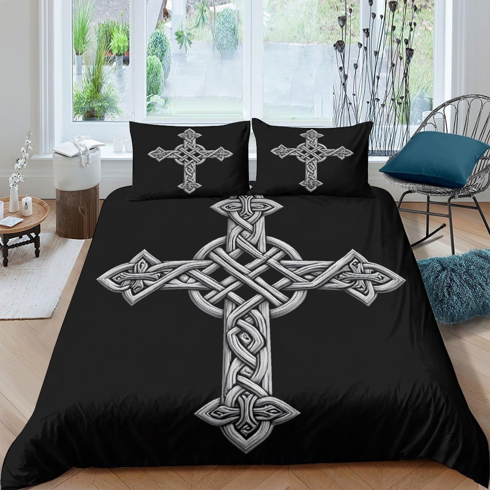 Ctjqhvkz Style-4 3D Printed Celtic Cross Fitted Sheet Microfiber Black Gothic Cross Mattress Cover Bedroom Decor Easy Care Single（135X200cm）