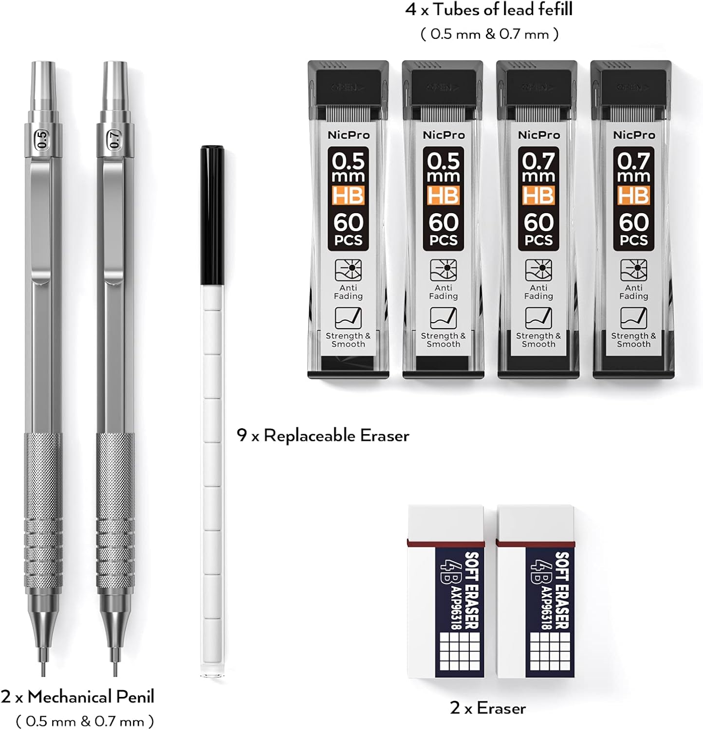 Amazon Nicpro シャープペンシルセット 金属製 自動 製図用鉛筆 0 5mmと0 7mm シャープペンシルグラフ Hb鉛筆芯4本と消しゴム2本付き 筆記 製図 スケッチ用 ケース付き シャープペン 文房具 オフィス用品