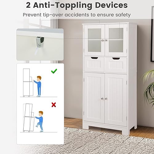 Miniatura 8 de Giantex Armario de almacenamiento de suelo, armario de baño independiente con 2 puertas de cristal, 2 cajones y estantes ajustables, organizador de