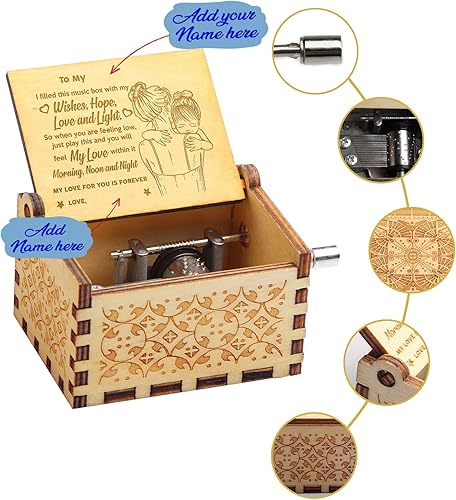 Miniatura 4 de Caja de música de madera personalizada, grabado con mensaje especial para nieta, caja de música con manivela grabada, mecanismo You are My Sunshine,