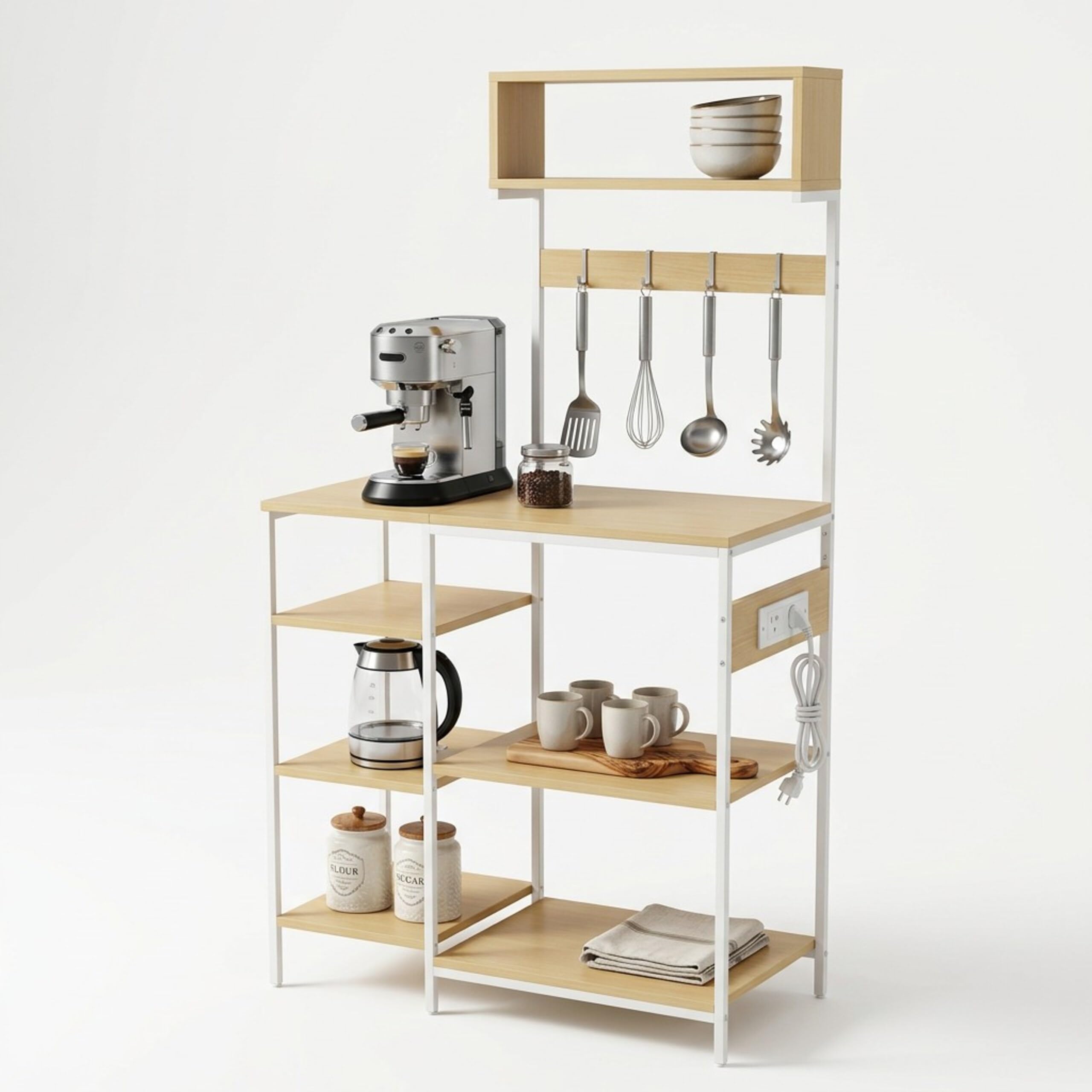 Relaxdays Étagère Cuisine avec Prise & USB, 151x82x40 cm, pour Micro-Ondes, Effet Bois, métal, Naturel/Blanc