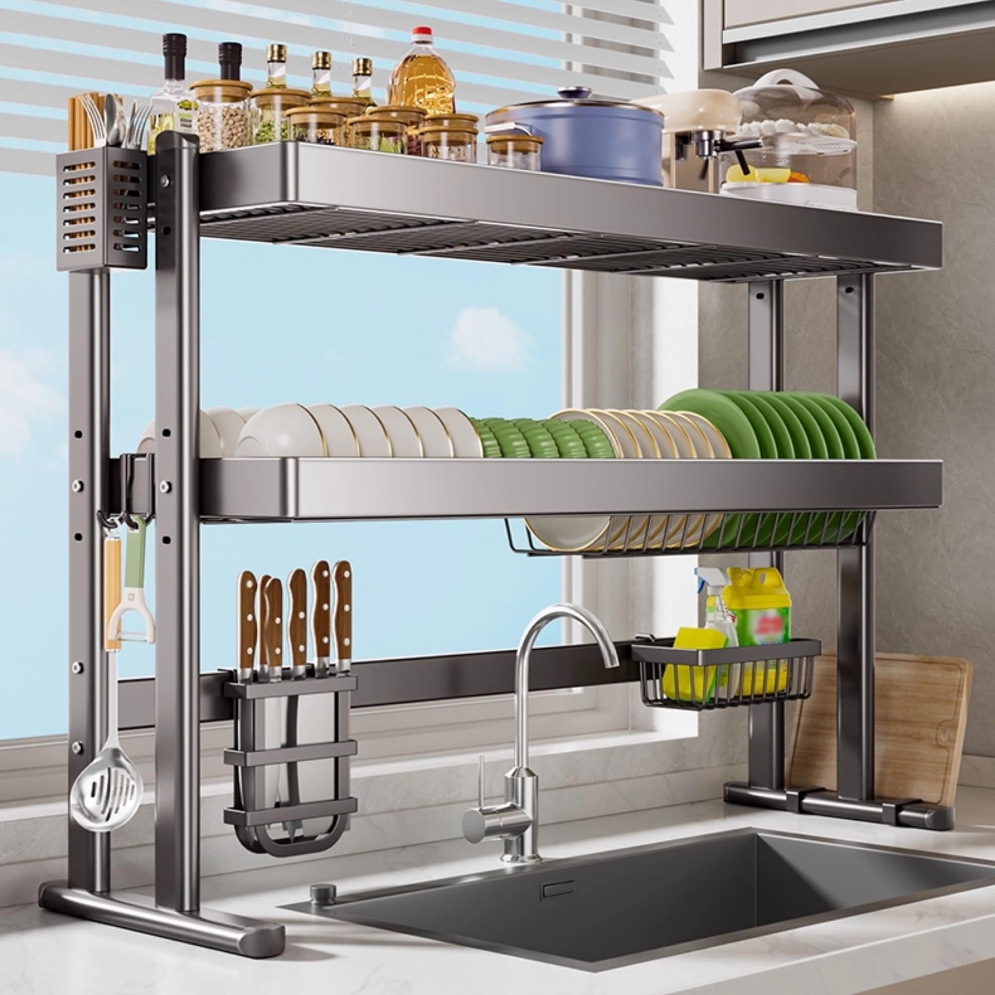 inless - Escurridor de platos de acero para colocar sobre el fregadero, organizador de cocina que ahorra espacio para un secado eficiente de platos y secado rápido, resistente al óxido, diseño fácil