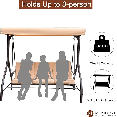 Miniatura 4 de MONDAWE Banco de columpio para patio de 3 asientos con toldo, respaldo convertible al aire libre, porche, cama columpio para adultos, junto a la