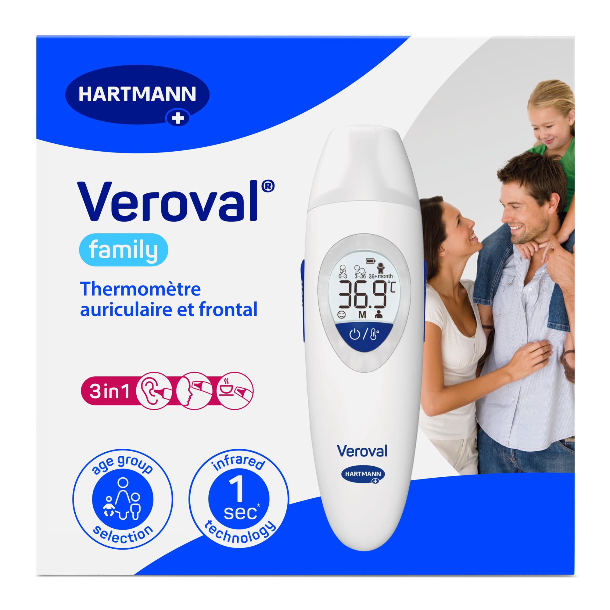 VEROVAL family - Termometro a infrarossi per orecchio e fronte per una rapida misurazione della febbre, ideale per adulti e bambini