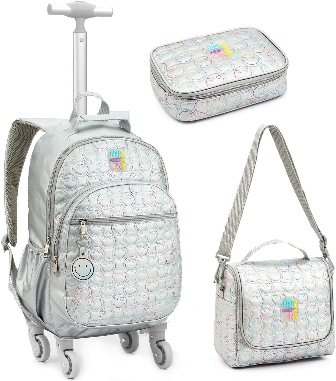 Kit Escolar Juvenil 3 Peças, Mochila de Rodinhas, Lancheira Térmica e Estojo com Estampa Estilosa, Infantil para Meninas