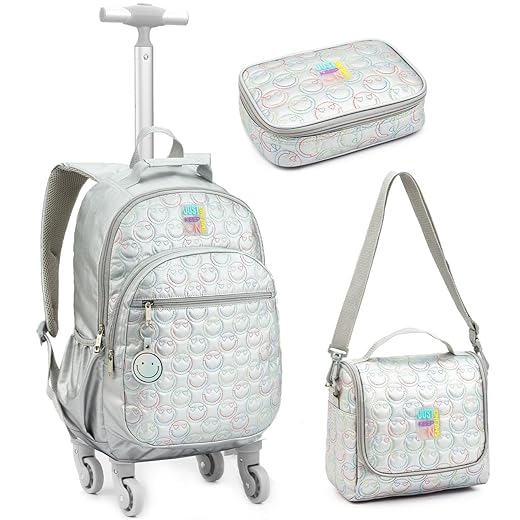 Kit Escolar Juvenil 3 Peças, Mochila de Rodinhas, Lancheira Térmica e Estojo com Estampa Estilosa, Infantil para Meninas