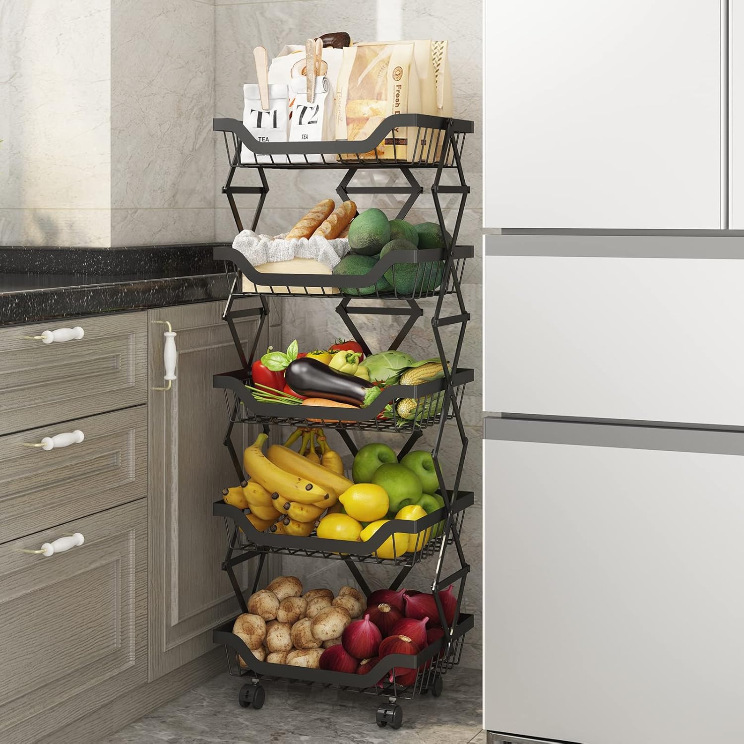 Collapsible Storage Baskets Rack with Wheels, 4 Tiers Foldable Rolling Cart for Office|Garage| Kitchen, No Assembly Required, Mobile Utility Cart for Fruit Vegetable