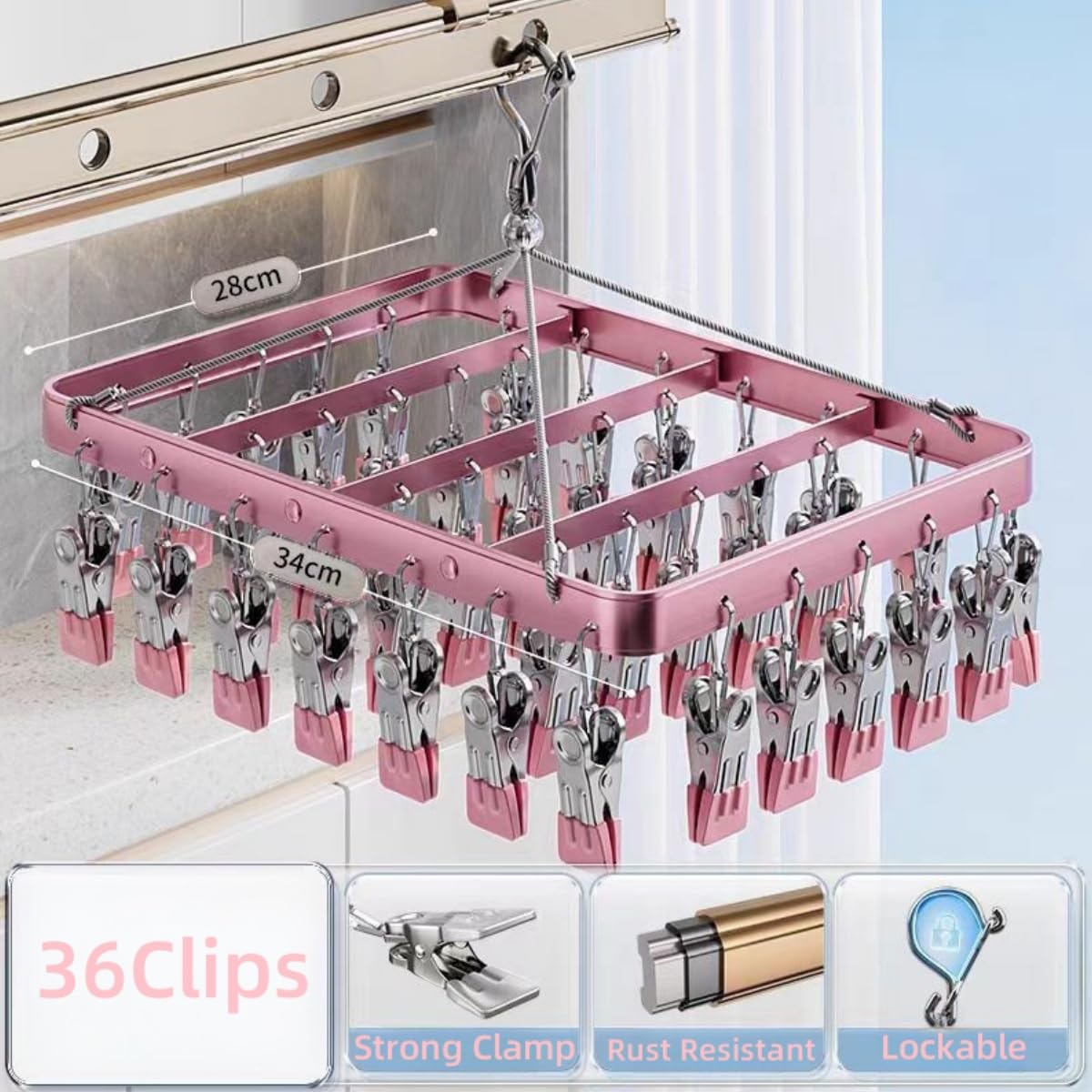 Perchero para pantalones con clips, estantes de secado de ropa con clip, perchas metálicas con 36 clips, colgador de ropa interior plegable a prueba de viento, colgador de ropa para jeans