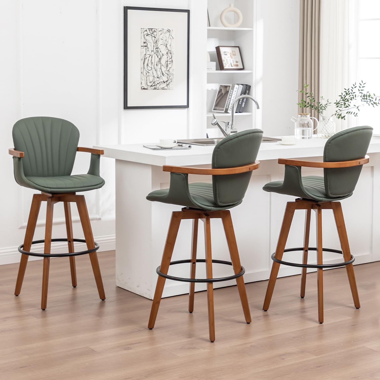 LUNLING 30” Bar Height Stools Set of 3.Mid Century Modern Bar Stools, Green PU Leather Kitchen Island Stools,Wood High Barstools Swivel with Back and