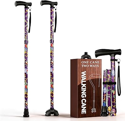 Floral Canes for Women Folding Cane for Stability with Non-Slip Base, Adjustable Walking Cane for Seniors - Lightweight Collapsible Walking Sticks with T & Offset Handle