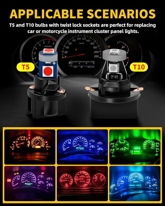 AUXLIGHT T5 74 T10 194 LED Bulbs with Twist Lock Socket PC74 PC37 PC168 PC175 PC194 Replacement for Dashboard Instrument Panel Gauge Cluster Car Interior Map Dome Lights, Red (40 Pieces)