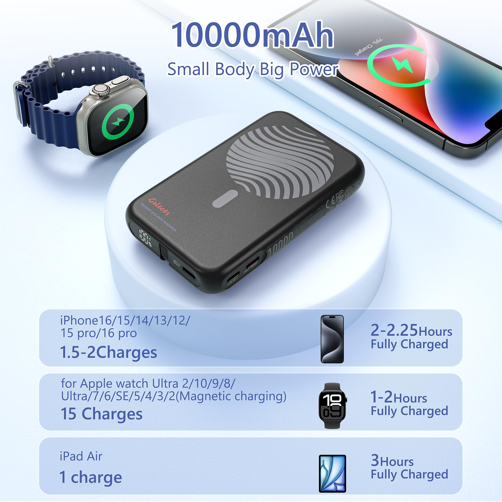 Galeces Magnetico Power Bank 10000mAh, Power Bank Magnetico Caricatore Wireless Portatile 20W Ricarica Rapida con Display LED e Supporto Pieghevole per iPhone/16/15/14/13/12/Apple Watch,nero
