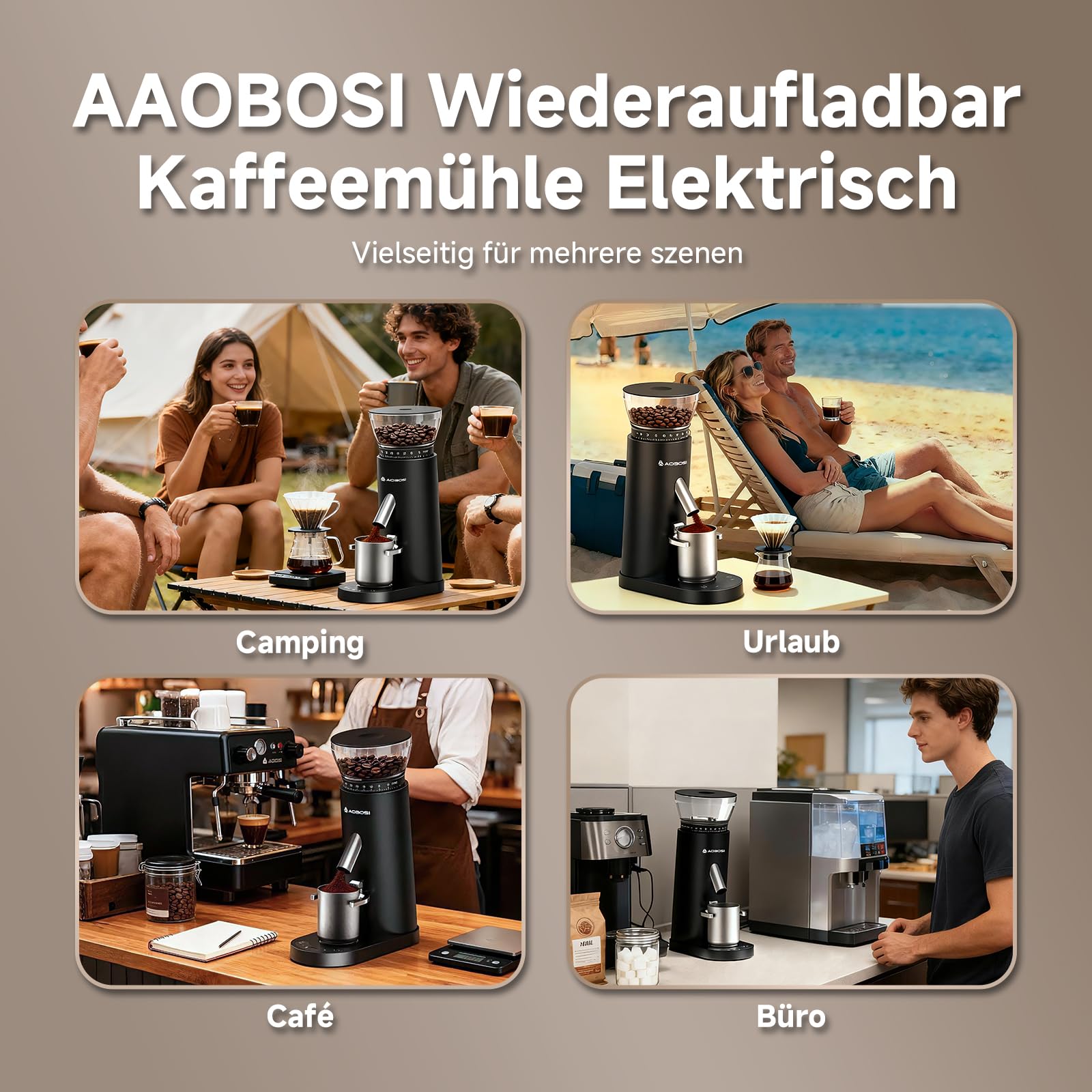 AAOBOSI Kaffeemühle Elektrisch, Kabellose Kaffeemühle Siebträger mit 60 Mahlgrad Einstellbar, Kaffeemühle Kegelmahlwerk Tragbar Wiederaufladbar für Espresso/Mocca/Drip/Pour Over/Cold Brew/French Press