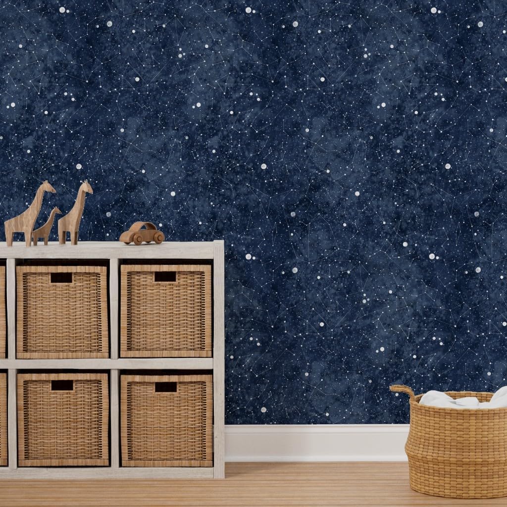 Spoonflower Removable Wallpaper 6ft x 2ft - Star Constellations Hand Drawn Stars Night Sky Watercolor Galaxy Custom Pre-Pasted Wallpaper