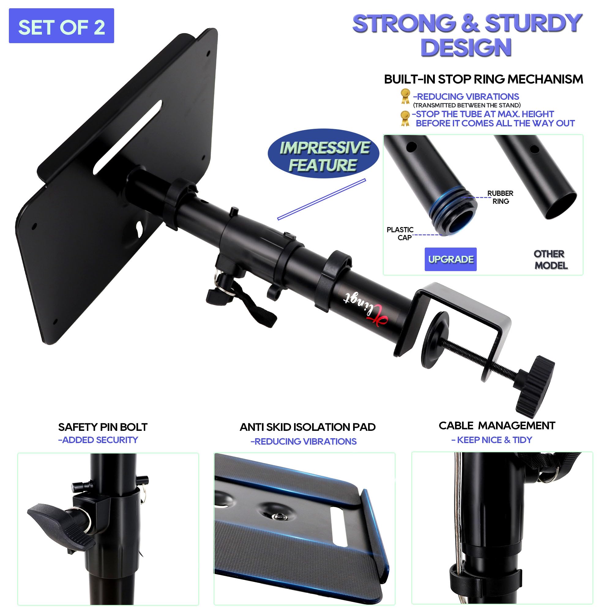 Studio Monitor Ständer, Lautsprecher Tischhalterung, Ständer für Lautsprecherboxen mit Tischklemme für Studiomonitore, Klemmhalterung, Drehbar, Neigbar, Höhenverstellbar, Schwarz