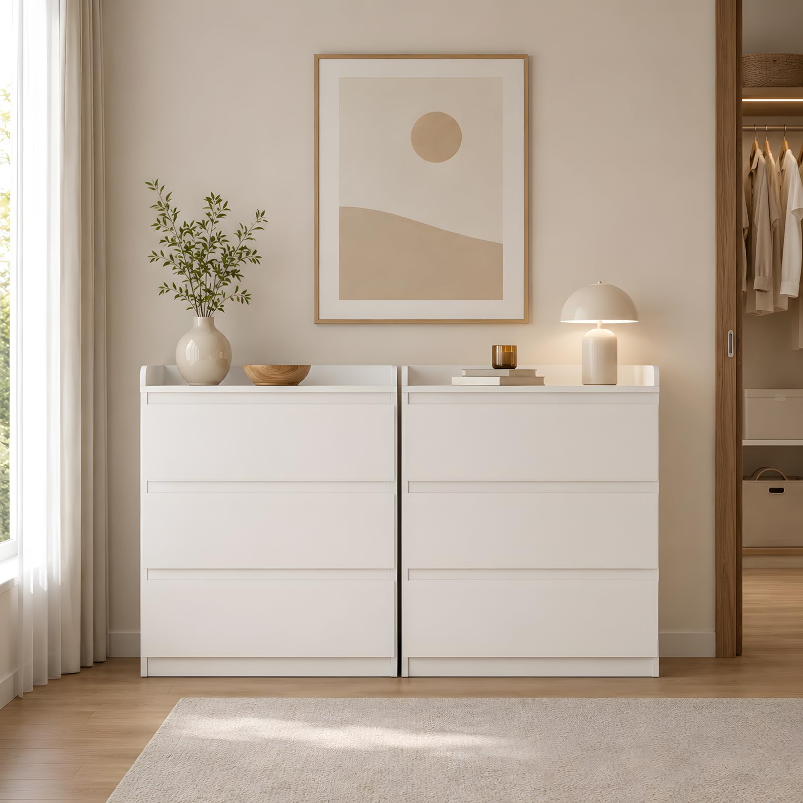 Lot de 2 commodes à langer Blanches, 70 x 40 x 80 cm | 3 tiroirs chacun avec bord surélevé, pour jumeaux, chambre de bébé, chambre à coucher, salon